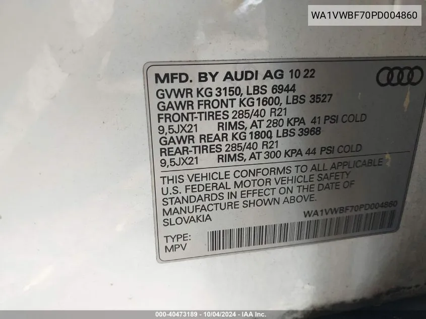 WA1VWBF70PD004860 2023 Audi Sq7 Prestige Tfsi Quattro Tiptronic