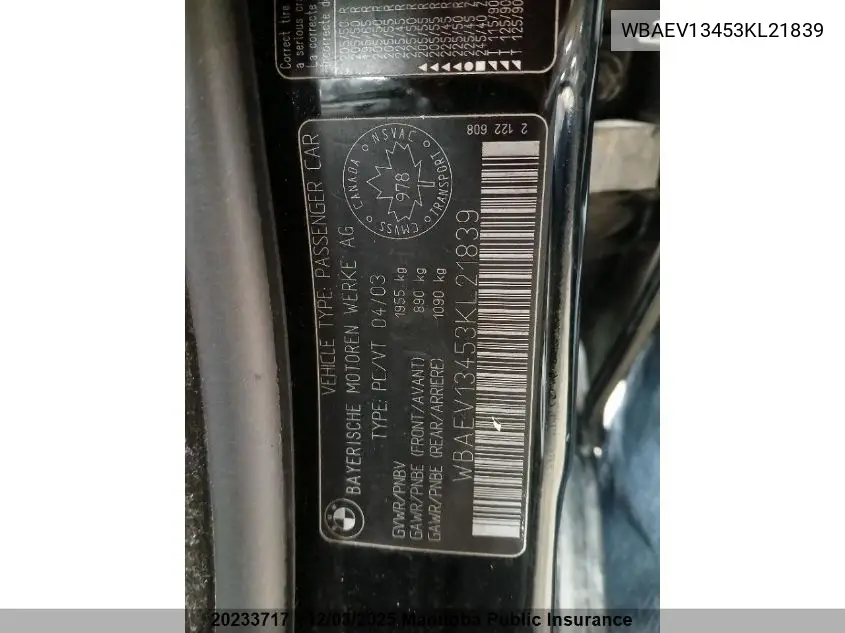 WBAEV13453KL21839 2003 BMW 320I