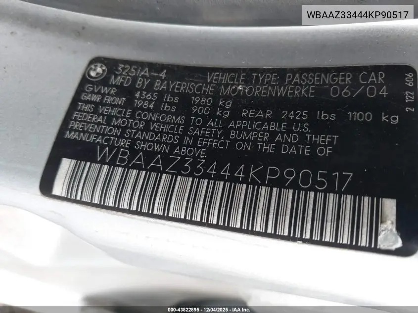 WBAAZ33444KP90517 2004 BMW 325I