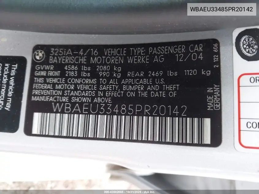 WBAEU33485PR20142 2005 BMW 325Xi