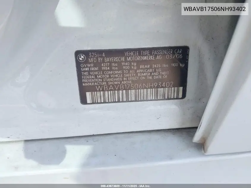 WBAVB17506NH93402 2006 BMW 325I