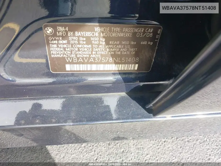 WBAVA37578NT51408 2008 BMW 328I