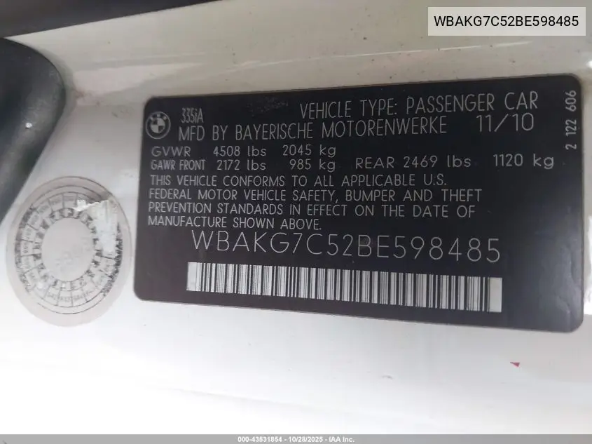 WBAKG7C52BE598485 2011 BMW 335I