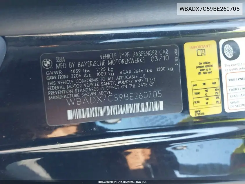 WBADX7C59BE260705 2011 BMW 335I