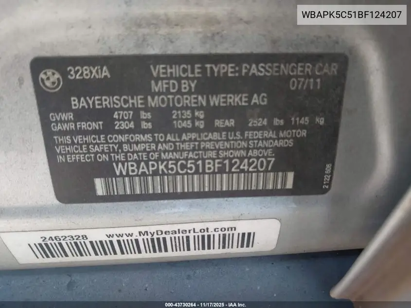 WBAPK5C51BF124207 2011 BMW 328I xDrive
