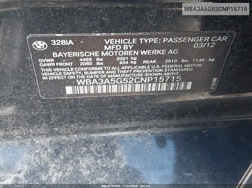 WBA3A5G52CNP15715 2012 BMW 328I