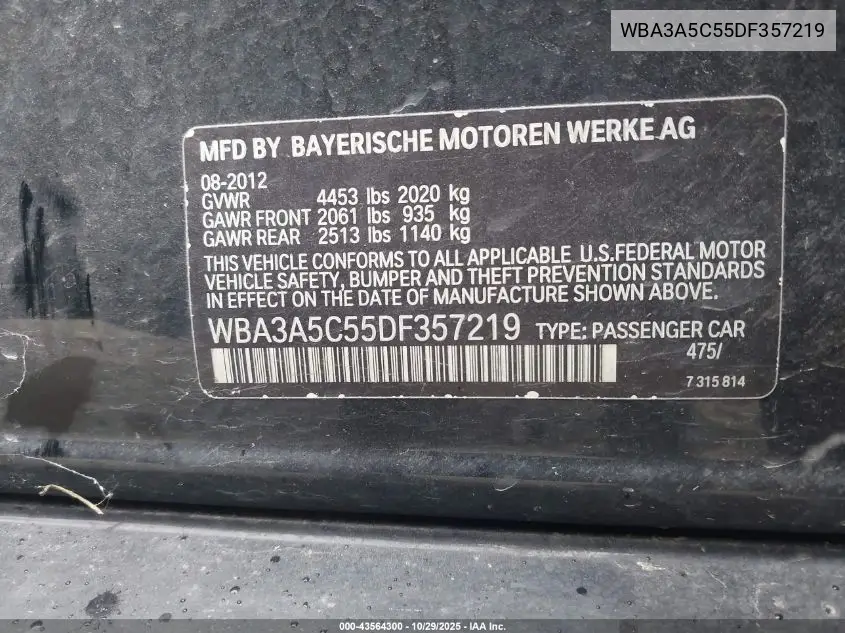 WBA3A5C55DF357219 2013 BMW 328I