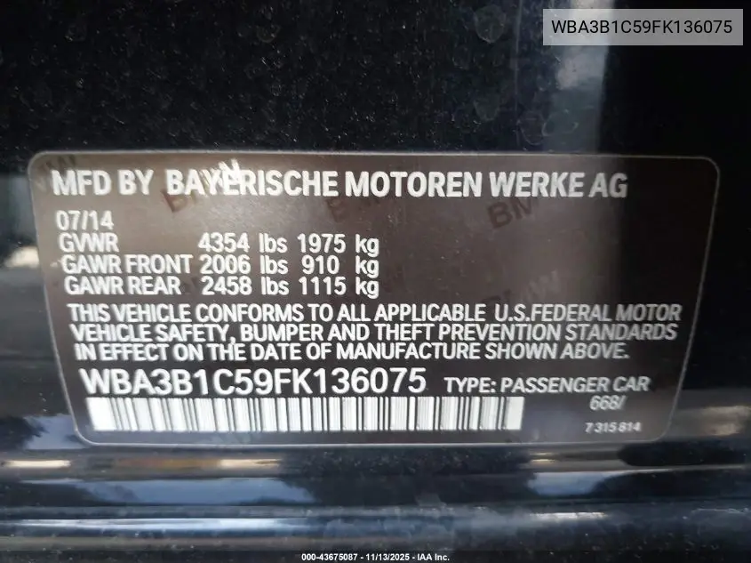 WBA3B1C59FK136075 2015 BMW 320I
