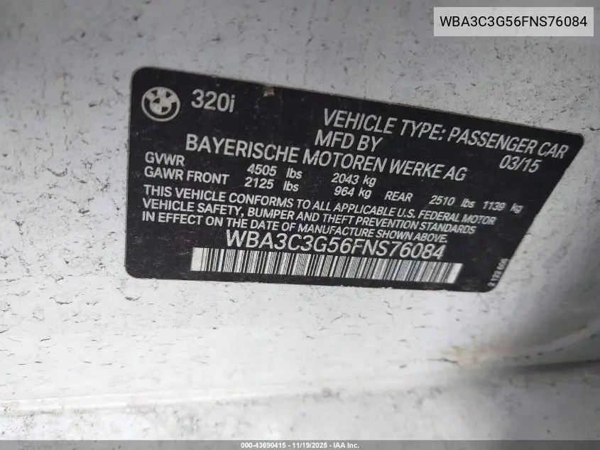 WBA3C3G56FNS76084 2015 BMW 320I xDrive