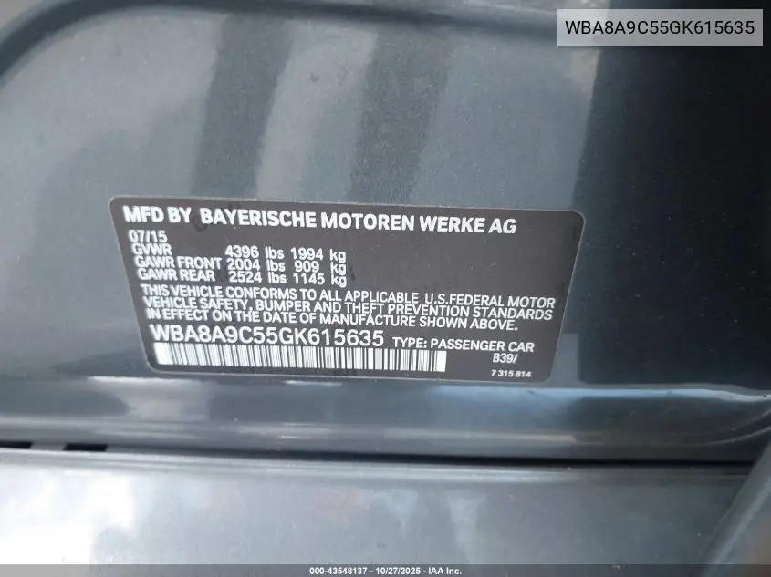 WBA8A9C55GK615635 2016 BMW 320I