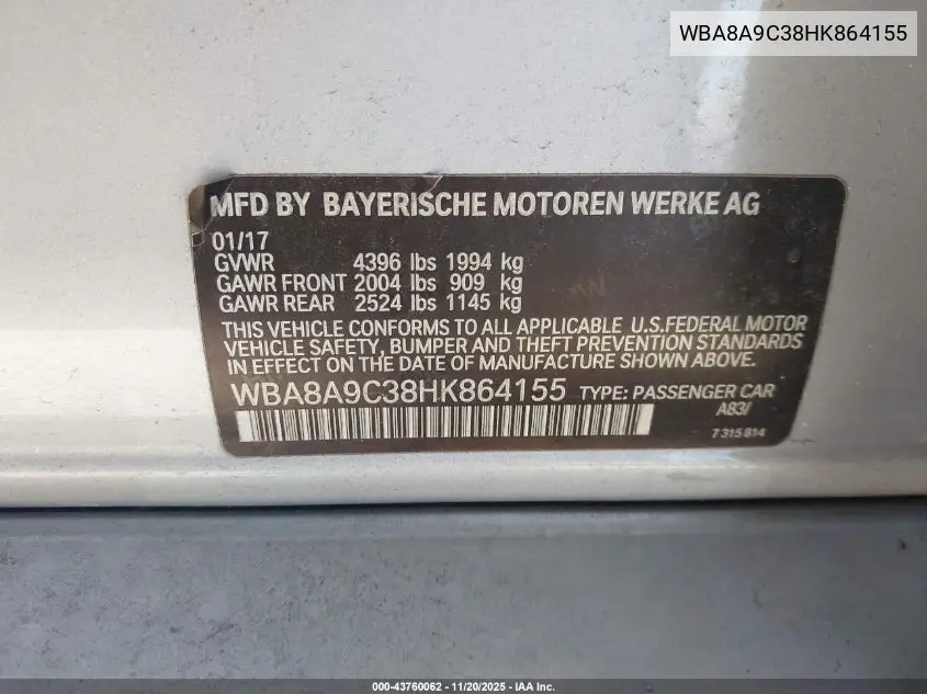 WBA8A9C38HK864155 2017 BMW 320I
