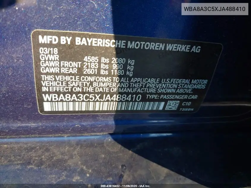 WBA8A3C5XJA488410 2018 BMW 320I xDrive