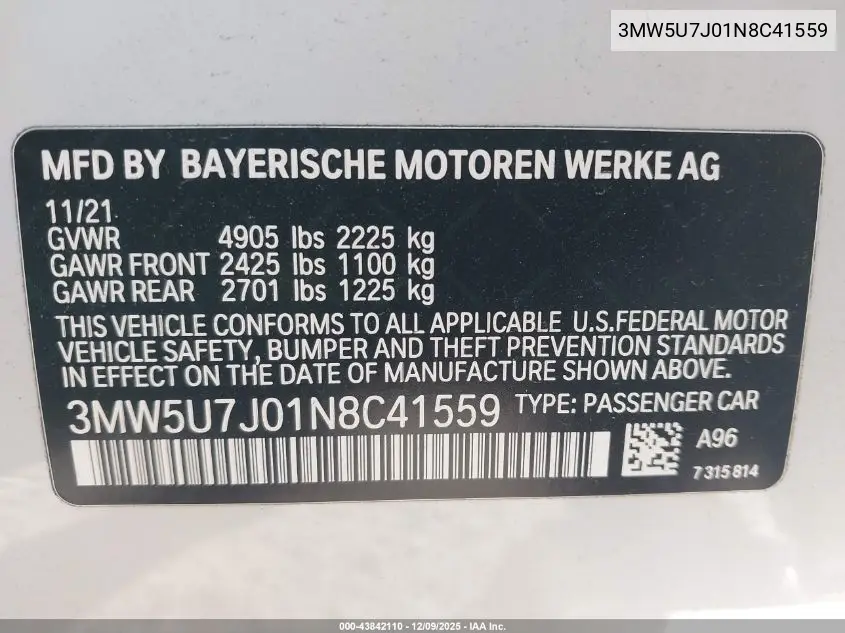 3MW5U7J01N8C41559 2022 BMW 3 Series M340I