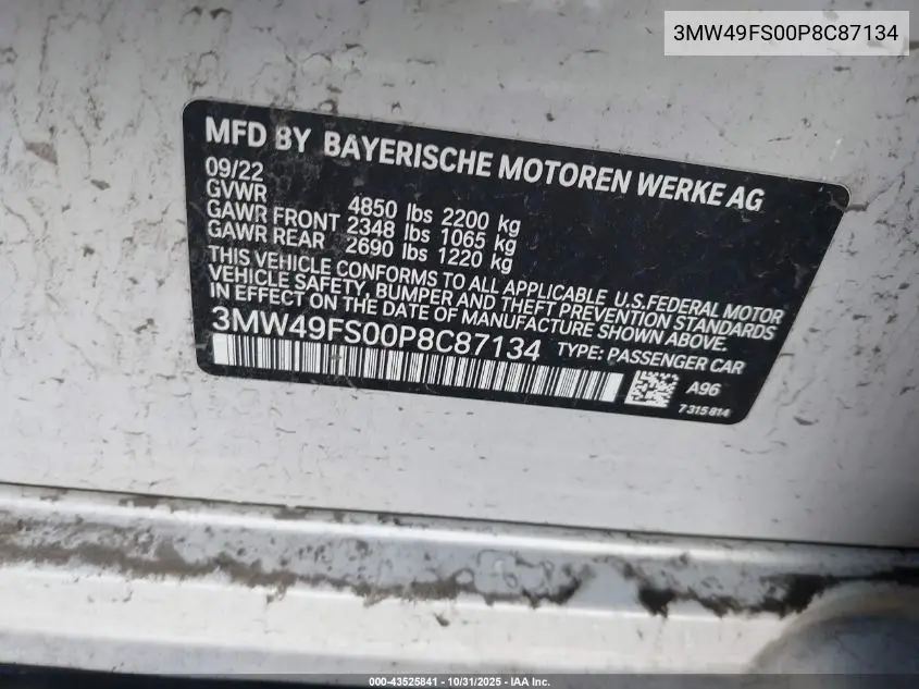 3MW49FS00P8C87134 2023 BMW 3 Series M340I