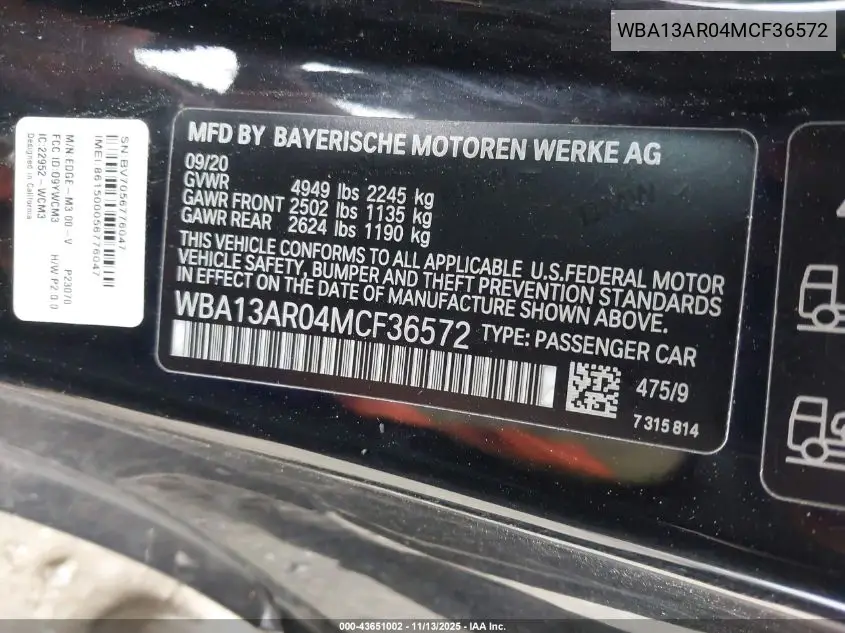 WBA13AR04MCF36572 2021 BMW M440I xDrive