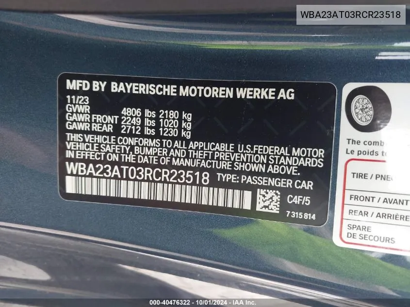 WBA23AT03RCR23518 2024 BMW 430I