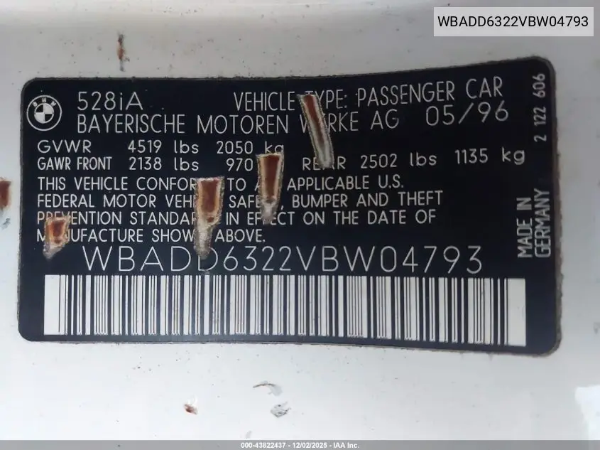 WBADD6322VBW04793 1997 BMW 528I
