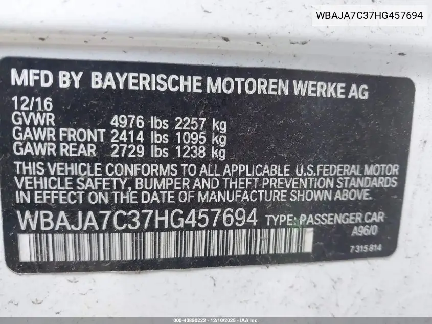 WBAJA7C37HG457694 2017 BMW 530I xDrive