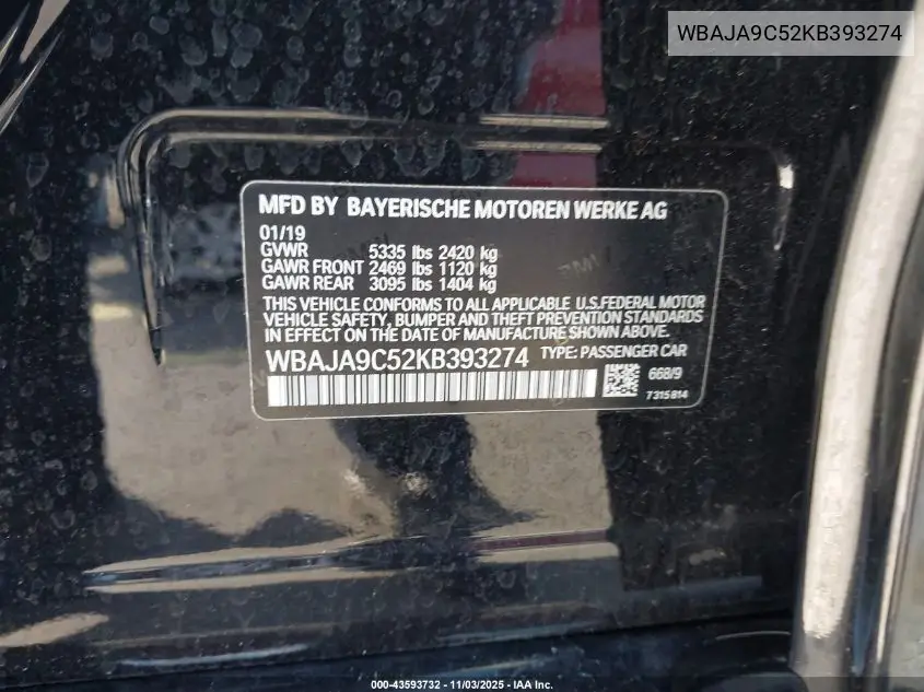 WBAJA9C52KB393274 2019 BMW 530E Iperformance