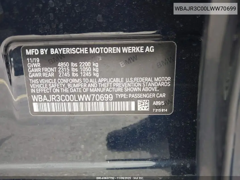WBAJR3C00LWW70699 2020 BMW 530I