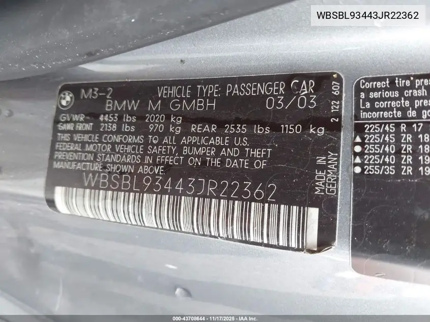 WBSBL93443JR22362 2003 BMW M3