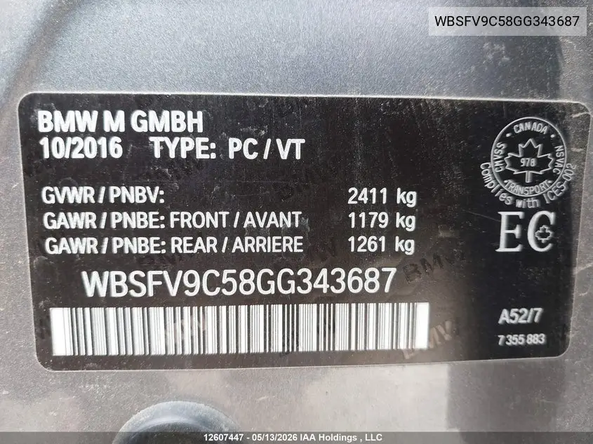 2016 BMW M5 VIN: WBSFV9C58GG343687 Lot: 12607447