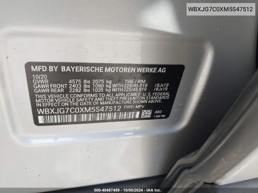 WBXJG7C0XM5S47512 2021 BMW X1 Sdrive28I