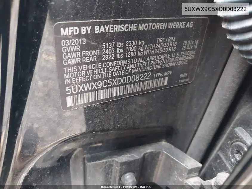 5UXWX9C5XD0D08222 2013 BMW X3 xDrive28I