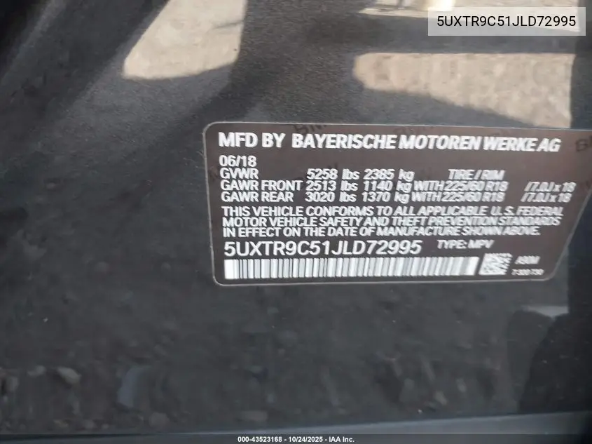 5UXTR9C51JLD72995 2018 BMW X3 xDrive30I