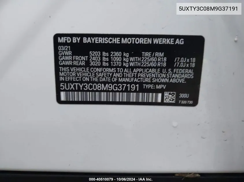 5UXTY3C08M9G37191 2021 BMW X3 Sdrive30I