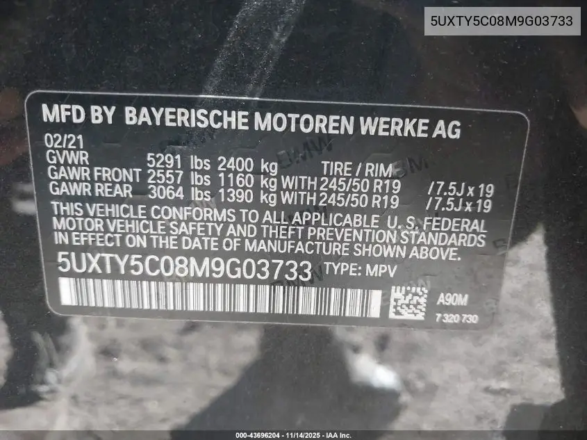 5UXTY5C08M9G03733 2021 BMW X3 xDrive30I