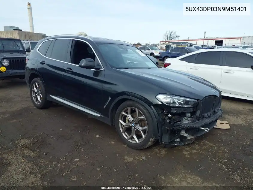 5UX43DP03N9M51401 2022 BMW X3 Sdrive30I