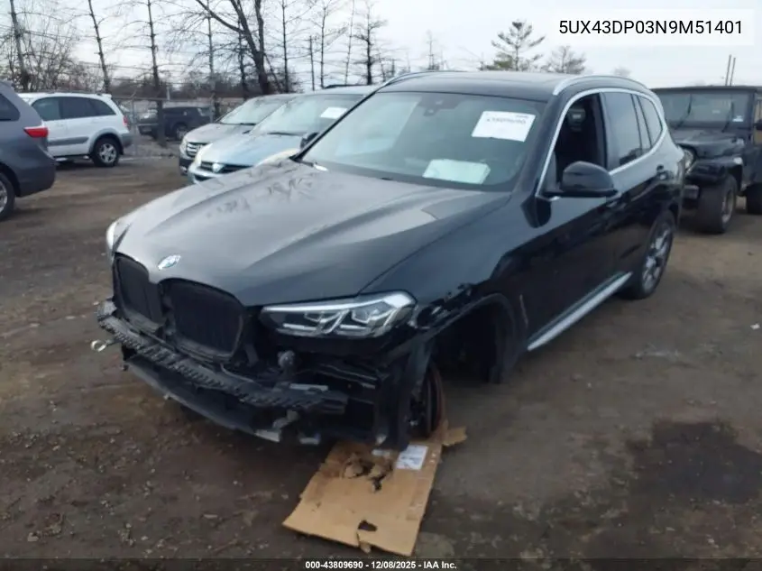 5UX43DP03N9M51401 2022 BMW X3 Sdrive30I