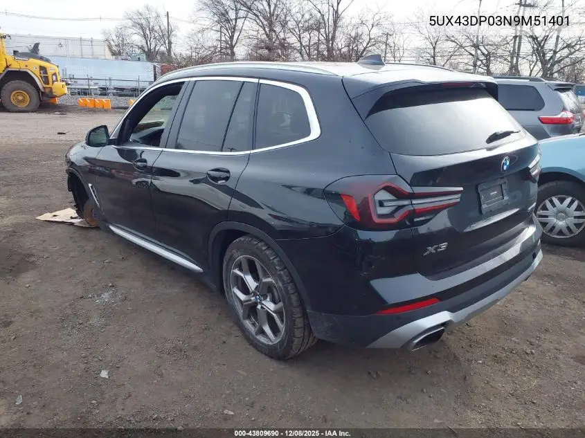 5UX43DP03N9M51401 2022 BMW X3 Sdrive30I