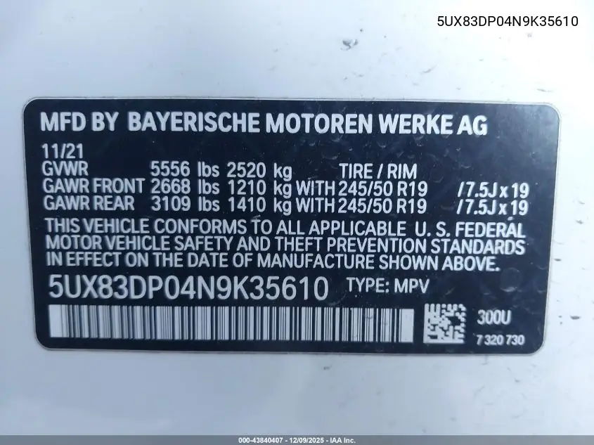 5UX83DP04N9K35610 2022 BMW X3 M40I