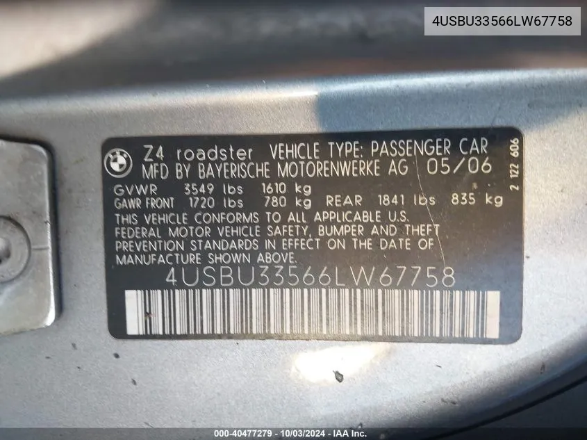 4USBU33566LW67758 2006 BMW Z4 3.0I