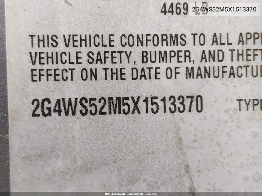 1999 Buick Century Custom VIN: 2G4WS52M5X1513370 Lot: 44765288