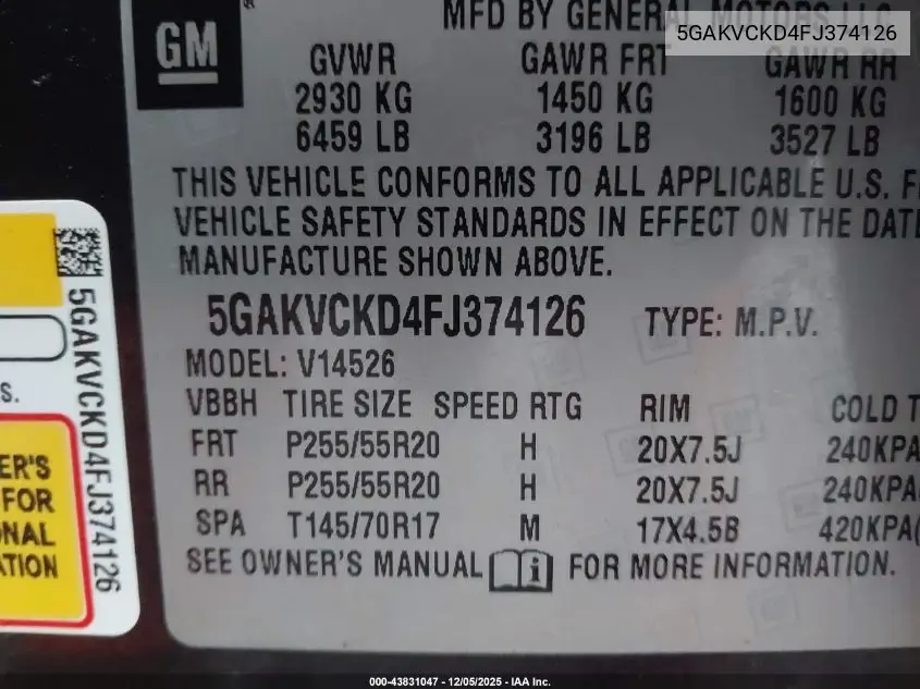 5GAKVCKD4FJ374126 2015 Buick Enclave Premium