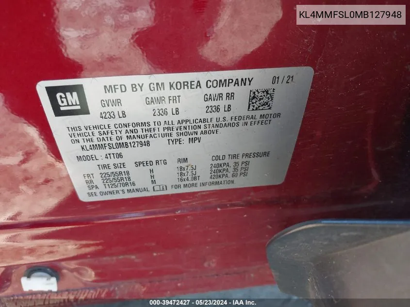 KL4MMFSL0MB127948 2021 Buick Encore Gx Fwd Essence