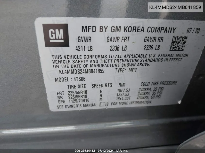 2021 Buick Encore Gx Select VIN: KL4MMDS24MB041859 Lot: 39834412