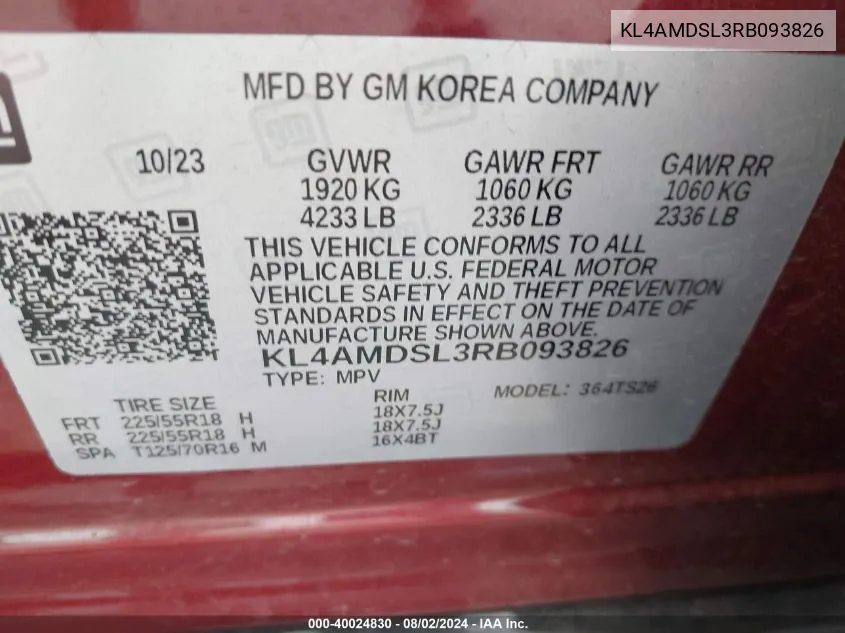 2024 Buick Encore Gx Sport Touring Fwd VIN: KL4AMDSL3RB093826 Lot: 40024830