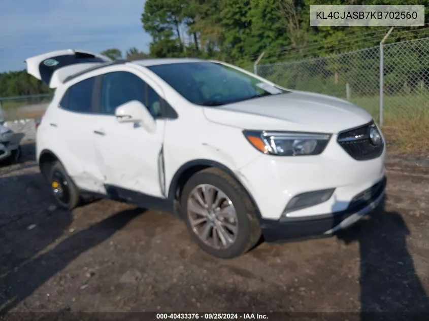 2019 Buick Encore Fwd Preferred VIN: KL4CJASB7KB702560 Lot: 40433376