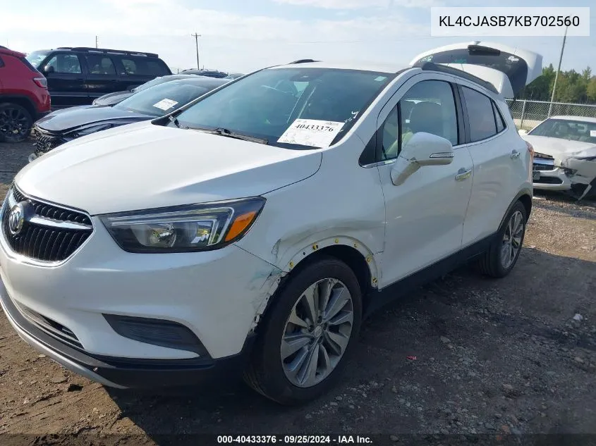 2019 Buick Encore Fwd Preferred VIN: KL4CJASB7KB702560 Lot: 40433376