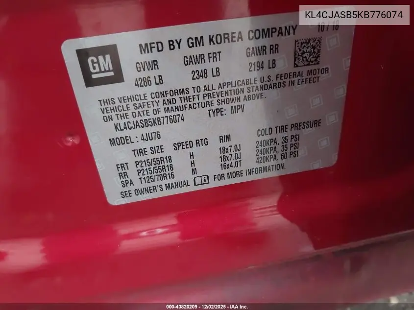 KL4CJASB5KB776074 2019 Buick Encore Fwd Preferred