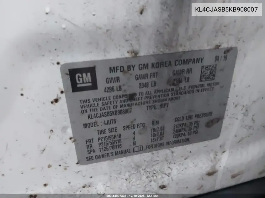 KL4CJASB5KB908007 2019 Buick Encore Fwd Preferred