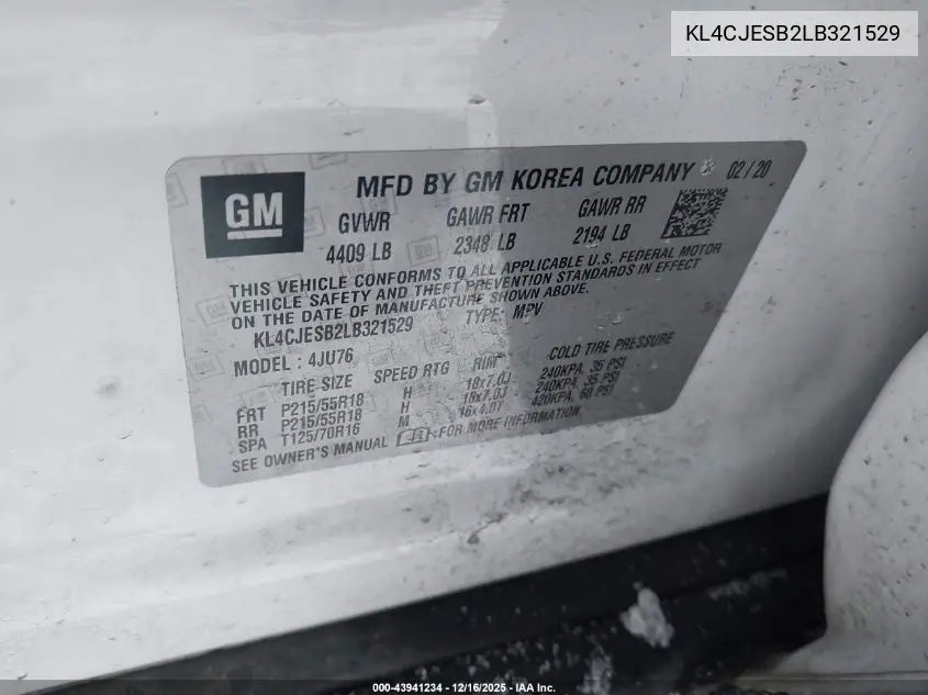 KL4CJESB2LB321529 2020 Buick Encore Awd Preferred