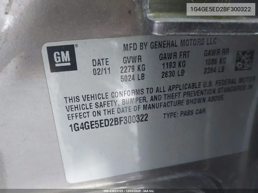 1G4GE5ED2BF300322 2011 Buick Lacrosse Cxs
