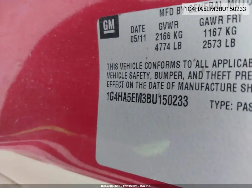 1G4HA5EM3BU150233 2011 Buick Lucerne Cx