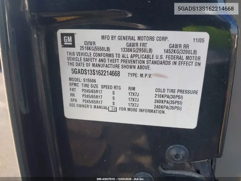 5GADS13S162214668 2006 Buick Rainier Cxl