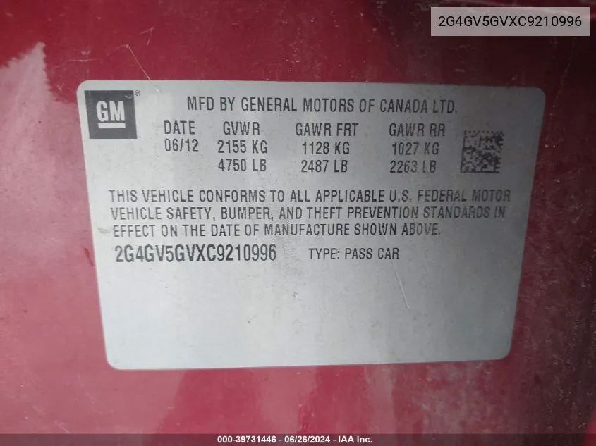 2G4GV5GVXC9210996 2012 Buick Regal Gs